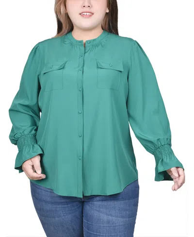 Ny Collection Plus Size Long Sleeve Mandarin Collar Blouse In Jelly Bean