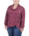 Ny Collection Petite Size Long Sleeve Overlapping Cowl Neck Top In Maroon