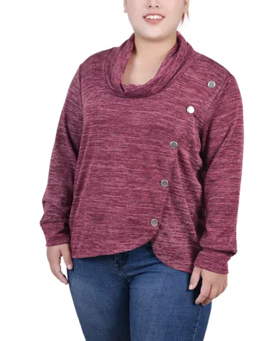 Ny Collection Petite Size Long Sleeve Overlapping Cowl Neck Top In Maroon
