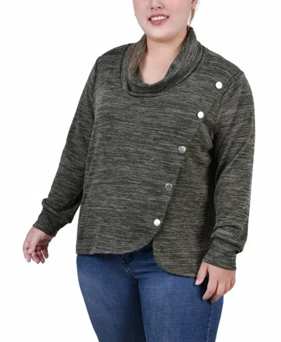 Ny Collection Plus Size Long Sleeve Overlapping Cowl Neck Top In Pesto Green