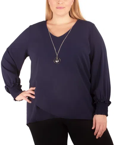 Ny Collection Plus Size Long Sleeve Overlapping Crepe Top With Necklace In Navy