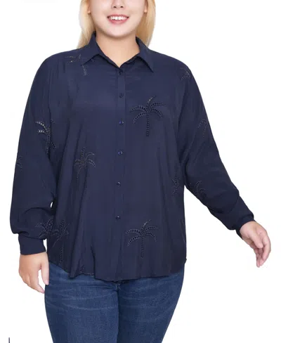 Ny Collection Plus Size Long Sleeve Palm Tree Blouse Top In Blue