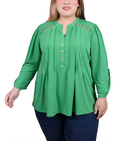 Ny Collection Plus Size Long Sleeve Pintuck Front Top With Chain Details In Bright Green