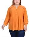 Ny Collection Plus Size Long Sleeve Pintuck Front Top With Chain Details In Butter Scotch