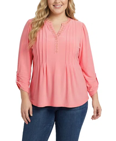 Ny Collection Plus Size Long Sleeve Pleat Front Roll Tab Top In Pink
