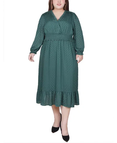 Ny Collection Plus Size Long Sleeve Surplice Neck Dress In Sage Leaf