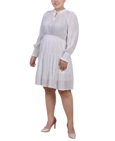 Ny Collection Plus Size Long Sleeve Tiered Dress With Ruffled Neck In White