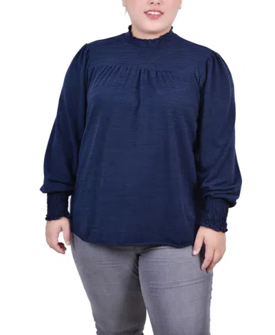Ny Collection Plus Size Long Sleeve Top With Smocking Details In Denim Blue