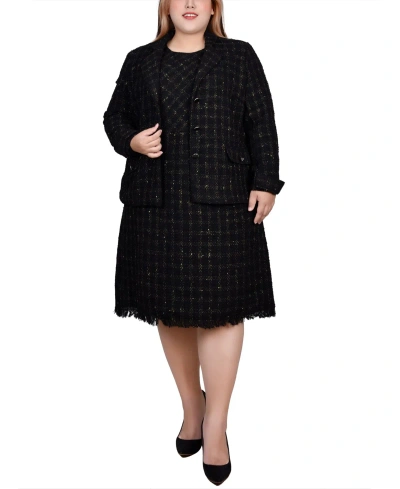 Ny Collection Plus Size Long Sleeve Tweed Jacket With Dress, 2 Piece Set In Black Gold