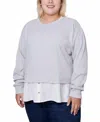 Ny Collection Plus Size Long Sleeve Two-fer Top With Gathered Inset In Heather Grey