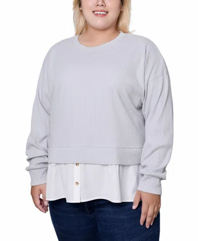 Ny Collection Plus Size Long Sleeve Two-fer Top With Gathered Inset In Heather Grey