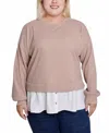 Ny Collection Plus Size Long Sleeve Two-fer Top With Gathered Inset In Heather Taupe