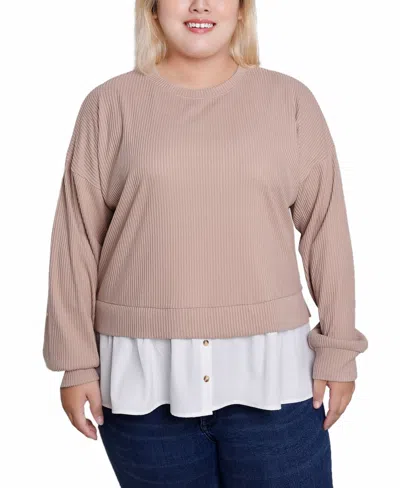 Ny Collection Plus Size Long Sleeve Two-fer Top With Gathered Inset In Heather Taupe