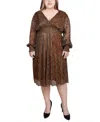 Ny Collection Plus Size Mesh Dress Women's Bronze Plisse Long Sleeve Fts1462 In Brown