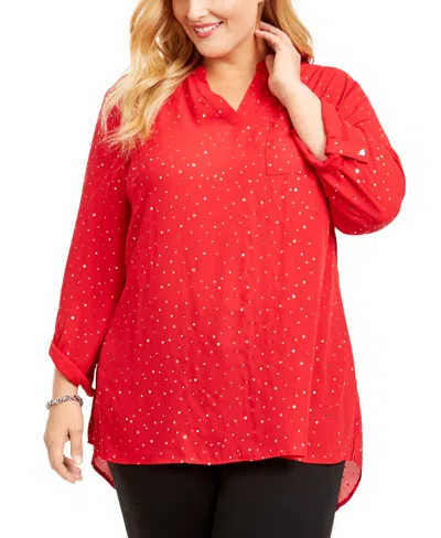Ny Collection Plus Size Metallic-printed Utility Blouse In Red Cabaret