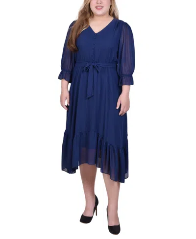 Ny Collection Plus Size Petite 3/4 Sleeve V-neck Flounced Dress In Blue