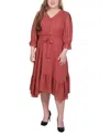 Ny Collection Plus Size Petite 3/4 Sleeve V-neck Flounced Dress In Red