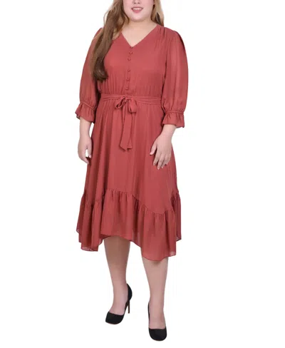 Ny Collection Plus Size Petite 3/4 Sleeve V-neck Flounced Dress In Red