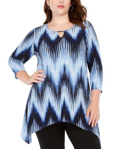 Ny Collection Plus Size Printed Handkerchief-hem Top In Navy Ligia