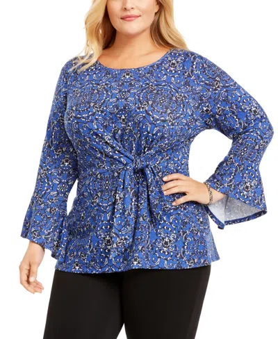 Ny Collection Plus Size Printed Tie-waist Bell-sleeve Top In Blue Fleurspin