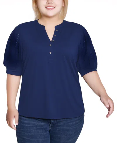 Ny Collection Plus Size Puff Elbow Sleeve Top In Blue