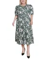 Ny Collection Plus Size Puff Sleeve Poplin Dress In Green Ivory Floral