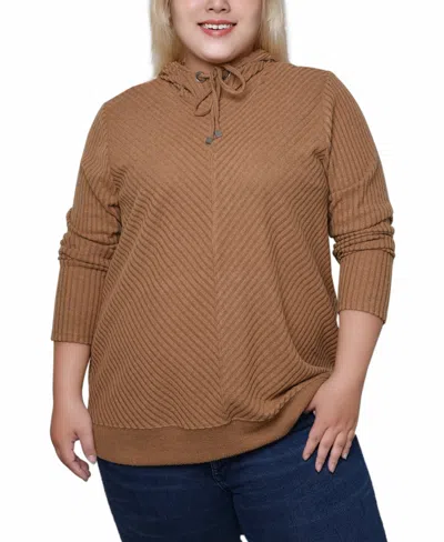 Ny Collection Plus Size Ribbed Long Sleeve Hooded Top In Cinnamon