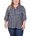 Ny Collection Plus Size Long Tab Sleeve Top With Pockets In Navy White Chain