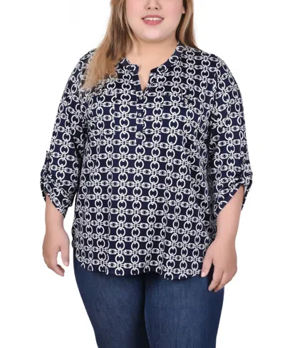 Ny Collection Plus Size Long Tab Sleeve Top With Pockets In Navy White Chain