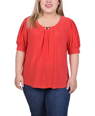 Ny Collection Plus Size Short Balloon Sleeve Top With Hardware In Chinese Red