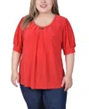 Ny Collection Plus Size Short Balloon Sleeve Top With Hardware In Lava