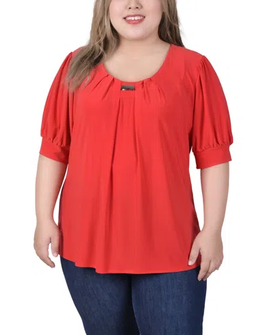 Ny Collection Plus Size Short Balloon Sleeve Top With Hardware In Lava