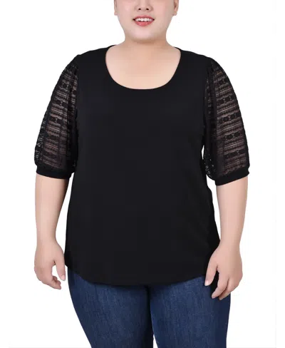 Ny Collection Plus Size Short Burnout Sleeve Scoop Neck Top In Black