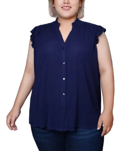 Ny Collection Plus Size Short Flutter Sleeve Crepon Blouse In Patriot Blue