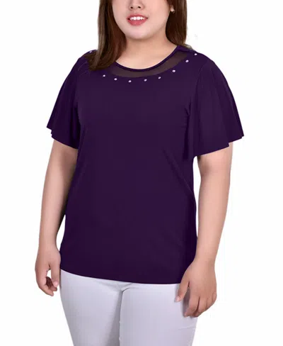 Ny Collection Plus Size Short Flutter Sleeve Studded Top In Purple