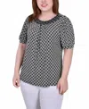 Ny Collection Plus Size Short Puff Sleeve Sheer Inset Top In Black White Iconic