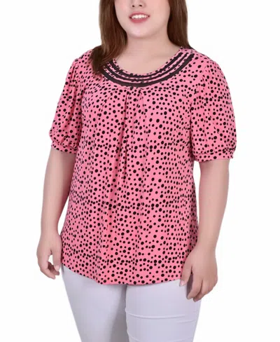 Ny Collection Plus Size Short Puff Sleeve Sheer Inset Top In Mauve Ice Moon