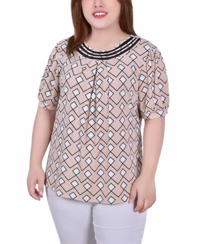 Ny Collection Petite Short Puff Sleeve Mesh Inset Top In Brown