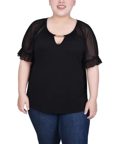 Ny Collection Plus Size Short Ruffle Sleeve Top With Rhinestones In Black