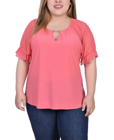 Ny Collection Plus Size Short Ruffle Sleeve Top With Rhinestones In Calypso Coral