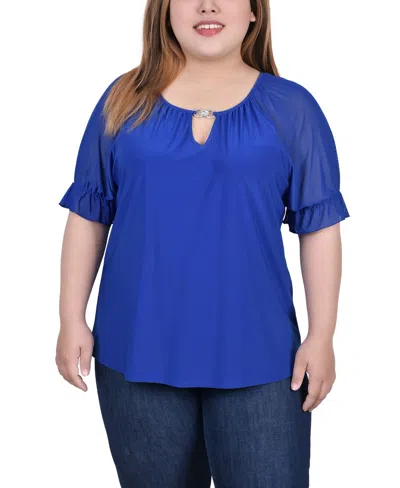 Ny Collection Plus Size Short Ruffle Sleeve Top With Rhinestones In Surf The Web