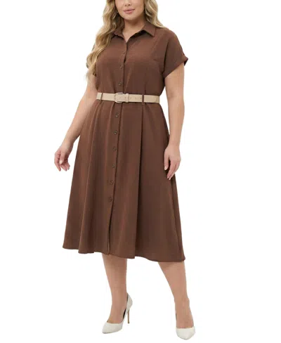 Ny Collection Plus Size Short Sleeve Button Front Belted A-line Dress In Brown