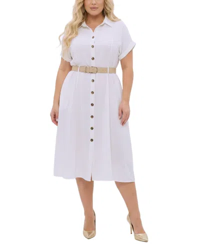 Ny Collection Plus Size Short Sleeve Button Front Belted A-line Dress In White