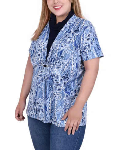 Ny Collection Plus Size Short Sleeve Cowl Neck In Blue