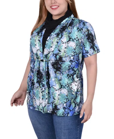 Ny Collection Plus Size Short Sleeve Cowl Neck In Blue