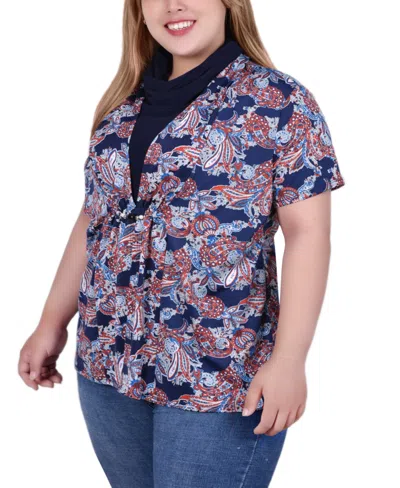 Ny Collection Plus Size Short Sleeve Cowl Neck In Blue