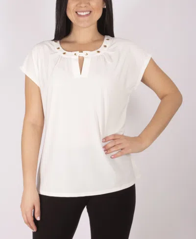 Ny Collection Plus Size Short Sleeve Jewel Neck Top With Grommets In Ivory