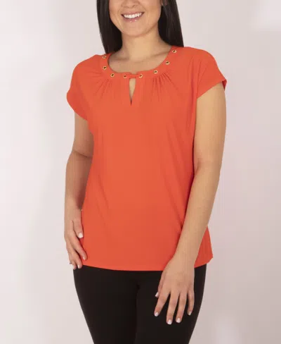 Ny Collection Plus Size Short Sleeve Jewel Neck Top With Grommets In Orange