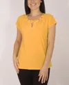 NY COLLECTION PLUS SIZE SHORT SLEEVE JEWEL NECK TOP WITH GROMMETS