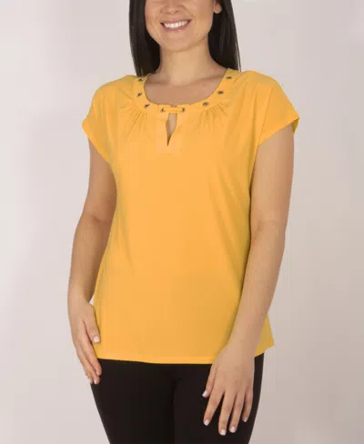 Ny Collection Plus Size Short Sleeve Jewel Neck Top With Grommets In Yellow